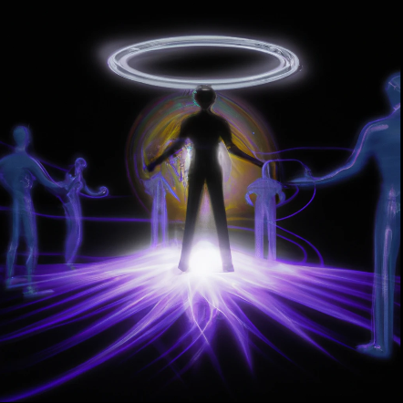 A multidimensiona alien attempting communication with a circle of humans around an emergent quantum field 3.png