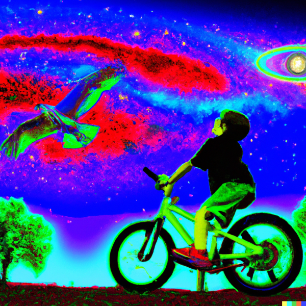 File:DALL·E 2023-09-12 14.01.01-An 8 year old boy, a child geek, straddling a bicycle, watching the sky, freeing a convalescent hawk watching an alien light ship materialize.png
