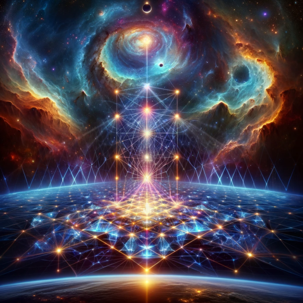 DALL·E 2023-11-12 11.41.12 - A captivating image portraying the concept of the cosmos interacting with humanity. The scene shows a cosmic tapestry, vast and unfathomable, with vib.png
