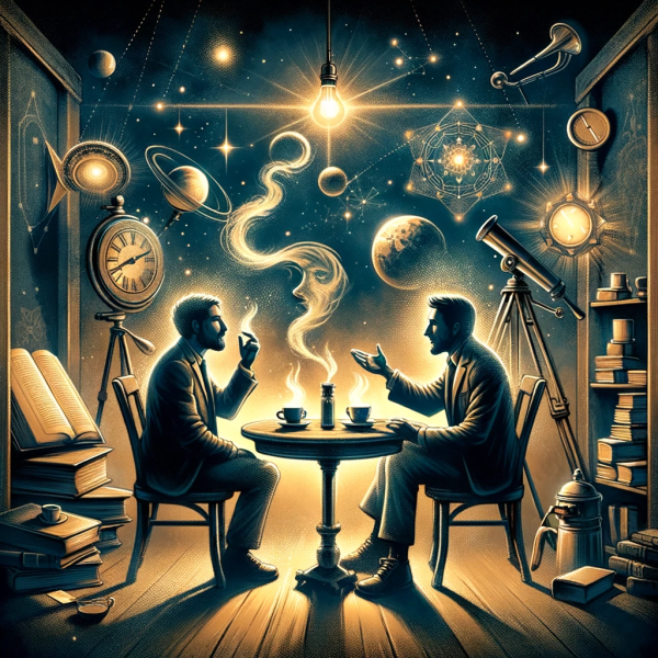 DALL·E 2023-11-12 16.50.04 - Illustrate the concept of a deep, scholarly conversation over coffee, infused with profound insights. Picture a cozy setting with two individuals enga.png