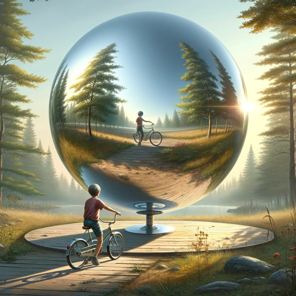 File:DALL·E 2023-12-09 10.13.23 - The sixth and final image in the series, depicting the clear mirrored sphere now at ground level, near a boy straddling a bicycle at the edge of a woo.png