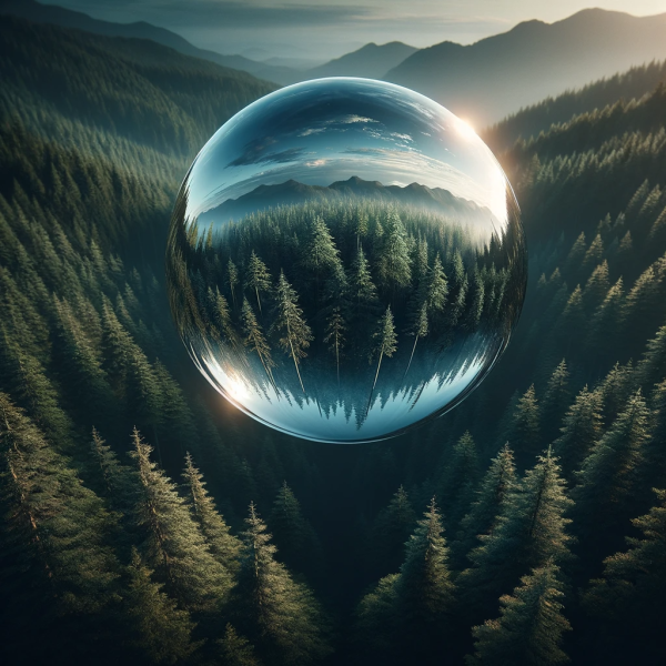 File:DALL·E 2023-12-09 15.13.46 - The first image in a series, showing a clear mirrored sphere above the forest canopy, as part of a sequence where the orb moves from above the forest .png