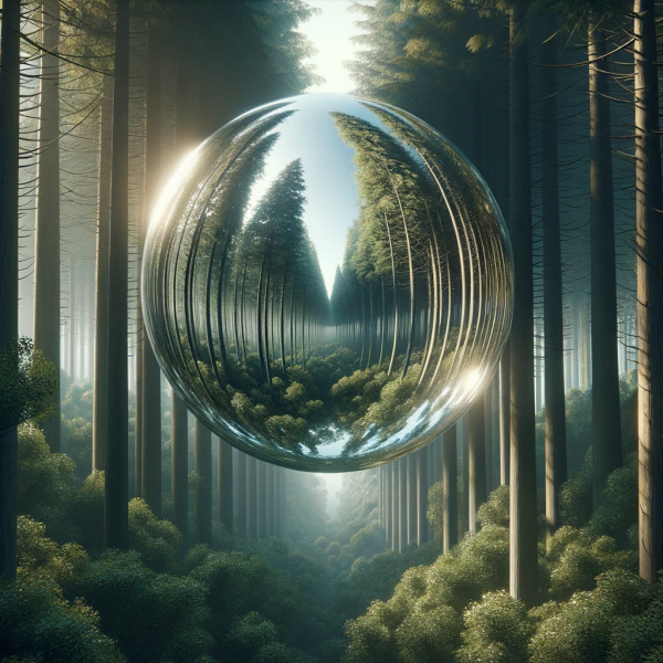 File:DALL·E 2023-12-09 15.14.22 - The second image in a series, depicting the clear mirrored sphere descending through the forest canopy towards the ground. The orb should be shown at .png