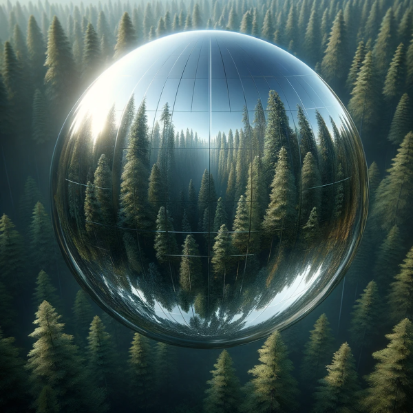 File:DALL·E 2023-12-09 15.14.40 - The third image in the series, showing the clear mirrored sphere continuing its descent through the forest canopy, now closer to the ground. The spher.png