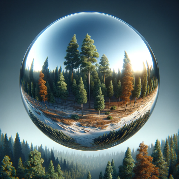 File:DALL·E 2023-12-09 15.14.45 - The fourth image in the series, capturing the clear mirrored sphere as it gets even closer to the ground, now just above the treetops. The sphere's re.png