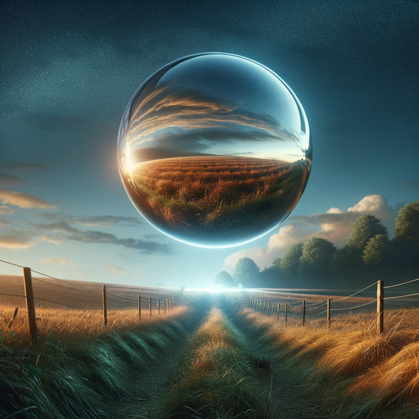 File:DALL·E 2023-12-09 15.14.51 - The fifth image in the series, illustrating the clear mirrored sphere now just a few feet above the ground, almost reaching its destination. The spher.png