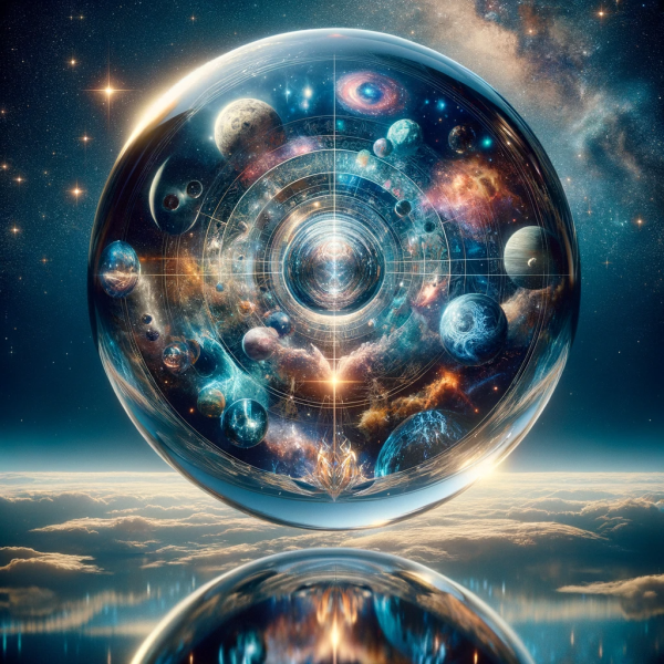 File:DALL·E 2023-12-09 15.17.45 - The zeroth image in the series, preceding the six previously created images, showing the clear mirrored sphere reflecting cosmic iconography of the un.png