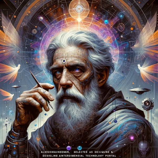 File:DALL·E 2023-12-24 06.13.08 - A poignant portrait of XenoEngineer, an aging sage-like figure embodying both sorrow and hope. He is depicted as a cosmic explorer, selected as a desi.png