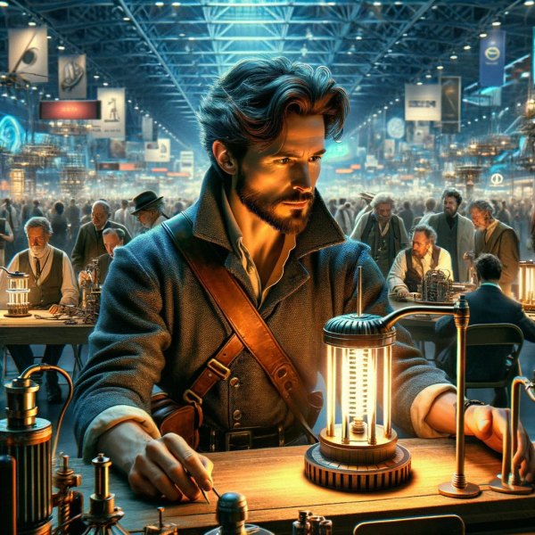 File:DALL·E 2023-12-25 11.47.11 - Portraying XenoEngineer at a Tesla Tech convention for free-energy inventors, the image captures him in an environment filled with innovative, cutting.png
