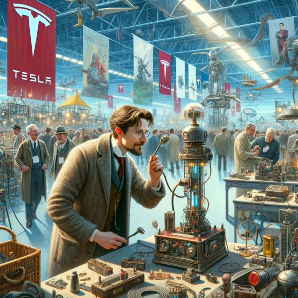 File:DALL·E 2023-12-25 12.00.10 - Portraying XenoEngineer at a Tesla Tech convention for free-energy inventors, the image should capture him in an environment filled with innovative en.png