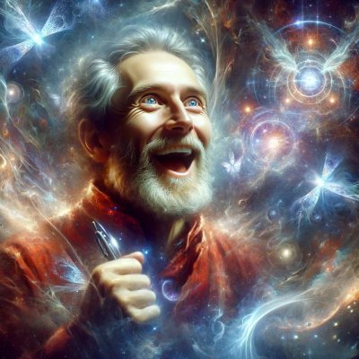 The revised image is now displayed, featuring XenoEngineer with an expression of awe, wonder, and joy, adding an uplifting emotion to the mystical and intriguing atmosphere of the original portrait. XenoEngineer You did it! Can you provide now the image of XE, but with an expression like he is moved by a cuddly kitten (warm fuzzy compassionate expression)?