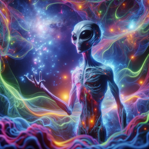 DALL·E 2024-01-09 13.18.51 - A tall Grey alien, materialized and teaching, surrounded by an ambiance of cosmic tendrils of neon rainbow colors, with a surreal, psychedelic atmosph.png